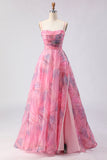 Corsé de tul floral con estampado rosa A-line y vestido largo de baile con abertura