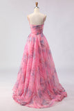 Corsé de tul floral con estampado rosa A-line y vestido largo de baile con abertura