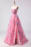 Corsé de tul floral con estampado rosa A-line y vestido largo de baile con abertura