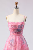 Corsé de tul floral con estampado rosa A-line y vestido largo de baile con abertura