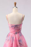 Corsé de tul floral con estampado rosa A-line y vestido largo de baile con abertura