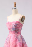 Corsé de tul floral con estampado rosa A-line y vestido largo de baile con abertura