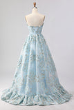 Corsé azul claro sin tirantes Jacquard Long Prom con abertura
