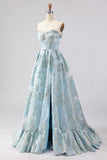 Corsé azul claro sin tirantes Jacquard Long Prom con abertura