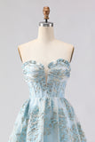 Corsé azul claro sin tirantes Jacquard Long Prom con abertura