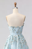 Corsé azul claro sin tirantes Jacquard Long Prom con abertura