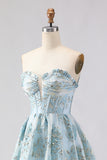 Corsé azul claro sin tirantes Jacquard Long Prom con abertura