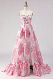 Corsé azul claro sin tirantes Jacquard Long Prom con abertura