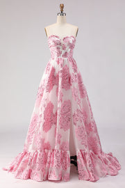 Corsé Jacquard rosa A Line, tirantes y vestido largo de graduación con abertura