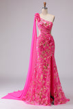 Corsé de sirena fucsia con un solo hombro y vestido largo de baile con abertura