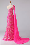 Corsé de sirena fucsia con un solo hombro y vestido largo de baile con abertura