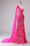 Corsé de sirena fucsia con un solo hombro y vestido largo de baile con abertura