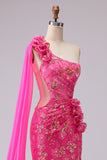 Corsé de sirena fucsia con un solo hombro y vestido largo de baile con abertura
