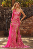 Corsé de sirena fucsia con un solo hombro y vestido largo de baile con abertura