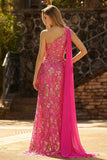 Corsé de sirena fucsia con un solo hombro y vestido largo de baile con abertura