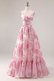 Vestido largo de graduación rosa brocado Jacquard con recorte en A y flor 3D