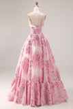 Vestido largo de graduación rosa brocado Jacquard con recorte en A y flor 3D