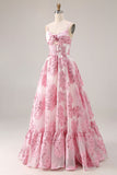 Vestido largo de graduación rosa brocado Jacquard con recorte en A y flor 3D