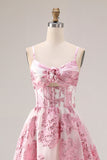 Vestido largo de graduación rosa brocado Jacquard con recorte en A y flor 3D