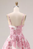 Vestido largo de graduación rosa brocado Jacquard con recorte en A y flor 3D