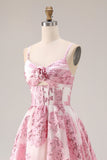 Vestido largo de graduación rosa brocado Jacquard con recorte en A y flor 3D