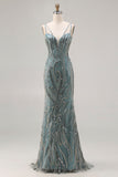 Vestido largo largo de baile de sirena gris verde verde con cuentas y lentejuelas