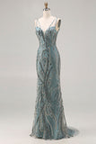 Vestido largo largo de baile de sirena gris verde verde con cuentas y lentejuelas