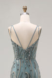 Vestido largo largo de baile de sirena gris verde verde con cuentas y lentejuelas