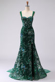 Vestido largo de baile de graduación con cordones de sirena verde oscuro y lentejuelas recogidas