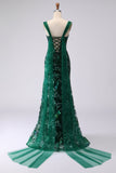 Vestido largo de baile de graduación con cordones de sirena verde oscuro y lentejuelas recogidas