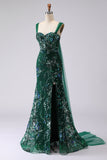 Vestido largo de baile de graduación con cordones de sirena verde oscuro y lentejuelas recogidas