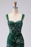 Vestido largo de baile de graduación con cordones de sirena verde oscuro y lentejuelas recogidas