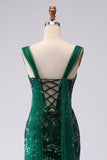 Vestido largo de baile de graduación con cordones de sirena verde oscuro y lentejuelas recogidas