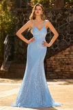 Vestido largo de baile de graduación con encaje de sirena azul celeste y lentejuelas