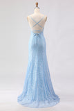 Vestido largo de baile de graduación con encaje de sirena azul celeste y lentejuelas