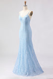 Vestido largo de baile de graduación con tirantes de sirena azul celeste con tirantes finos