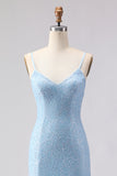 Vestido largo de baile de graduación con tirantes de sirena azul celeste con tirantes finos