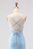 Vestido largo de baile de graduación con tirantes de sirena azul celeste con tirantes finos