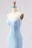 Vestido largo de baile de graduación con tirantes de sirena azul celeste con tirantes finos