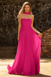 Vestido largo de graduación de tul plisado sin tirantes Fuchsia Línea A con serpentina