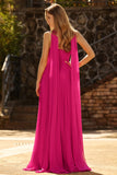 Vestido largo de graduación de tul plisado sin tirantes Fuchsia Línea A con serpentina