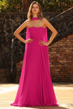 Vestido largo de graduación de tul plisado sin tirantes Fuchsia Línea A con serpentina