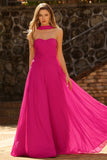 Vestido largo de graduación de tul plisado sin tirantes Fuchsia Línea A con serpentina