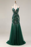 Vestido largo largo de graduación de fin de curso, brillante verde oscuro, funda abierta y lentejuelas