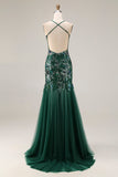 Vestido largo largo de graduación de fin de curso, brillante verde oscuro, funda abierta y lentejuelas