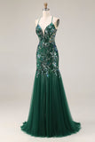 Vestido largo largo de graduación de fin de curso, brillante verde oscuro, funda abierta y lentejuelas