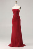Vestido largo largo de satén de satén con cuentas de sirena roja sin tirantes