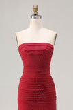 Vestido largo largo de satén de satén con cuentas de sirena roja sin tirantes
