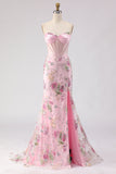 Vestido largo de graduación de fin de curso rosa sin tirantes con Corsé de cuentas y lentejuelas, con abertura