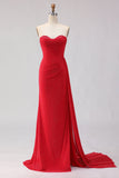 Vestido largo de baile de satén con cuentas y tirantes de sirena roja con abertura